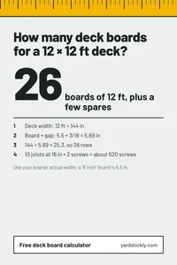 Pin showing a 12 by 12 foot deck needs 26 deck boards and about 520 screws, with the working.